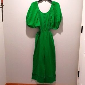 Open back, green jumpsuit